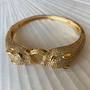Double Panther Head and Ring Bangle Bracelet Cuff